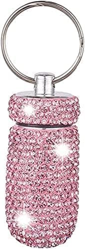 Pink Bling Pill Container Portable Pill Bottle Case Pill Holder Keychain Medicine Holder Mini Size Waterproof Light Weight Personal Pill Organizers for Outdoor Camping Traveling